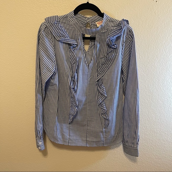 Mossimo Blue & White Striped Ruffle Keyhole Cotton Shirt Medium - Picture 11 of 13